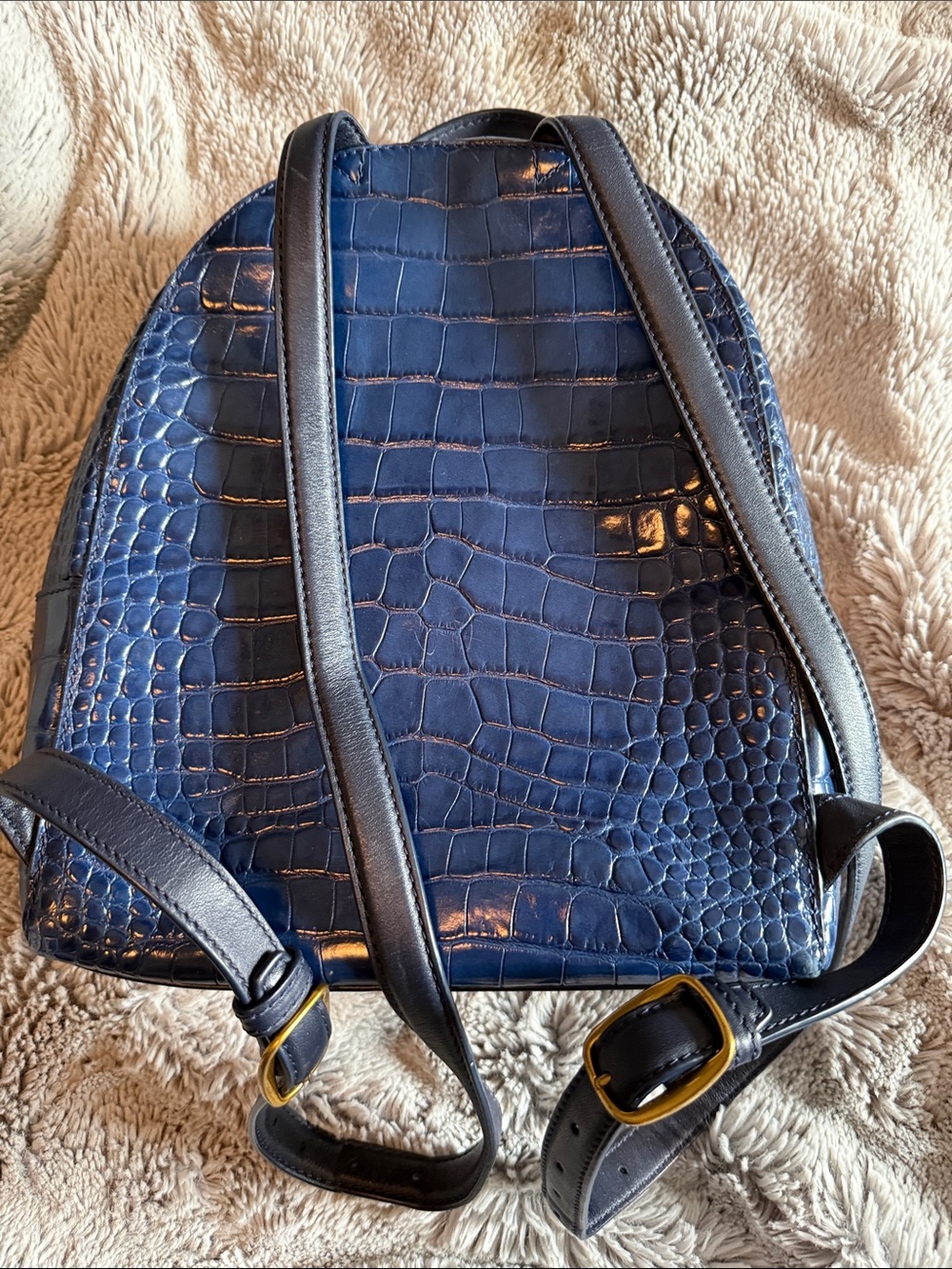 Tory Burch Glossy Navy Croc-Embossed Leather Backpack - Picture 3 of 6